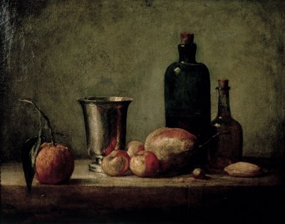Still-life with Silver Beaker, Fruit and Bottles on a Table by Jean Baptiste Simeon Chardin